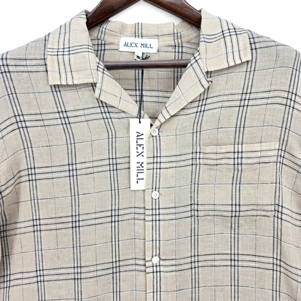 Alex Mill Camp Shirt Linen Flax Plaid Men's Large Beige Black NWT $155